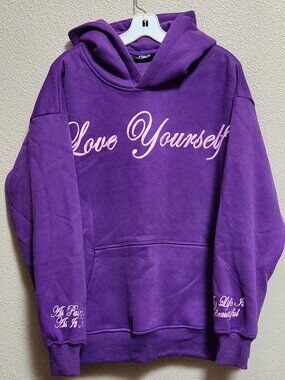 YOURS TRULY "LOVE YOURSELF" Embroidered Purple Sweatshirt Hoodie - Medium - NEW